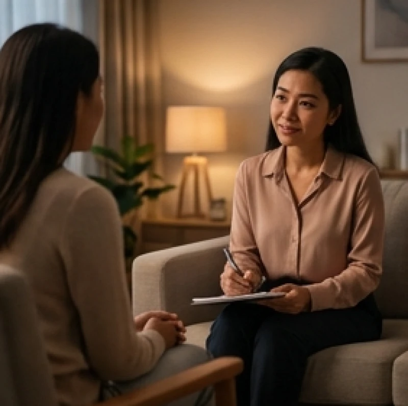 Bác sĩ tâm lý đang ân cần trò chuyện và ghi chép cùng bệnh nhân mắc chứng rối loạn lo âu kéo dài