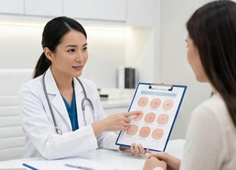 Bác sĩ chuyên khoa da liễu đang tư vấn phác đồ loại bỏ nốt ruồi an toàn cho khách hàng tại phòng khám