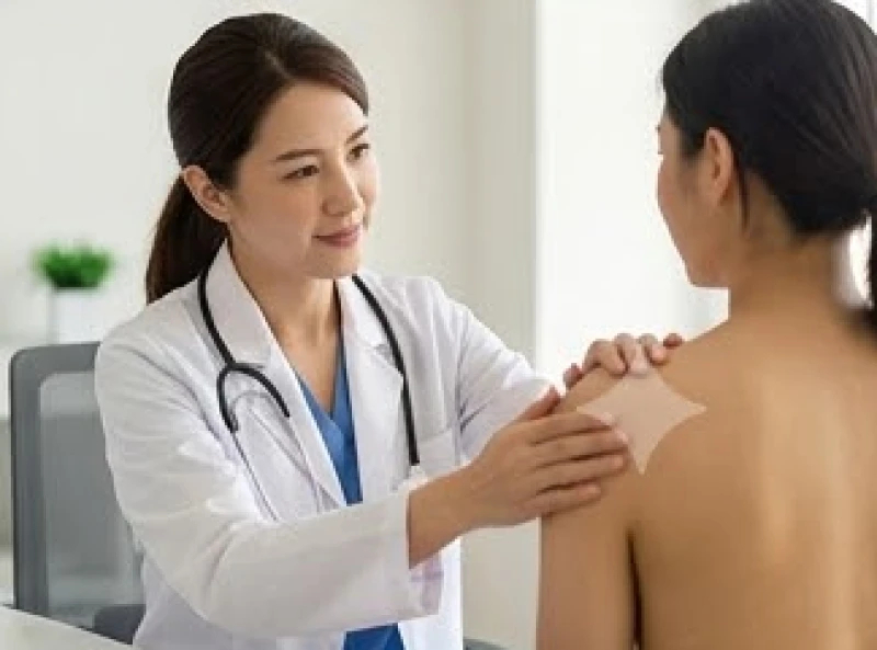Bác sĩ đang xem xét vùng lưng của bệnh nhân và giải thích về quy trình tiểu phẫu loại bỏ nốt ruồi