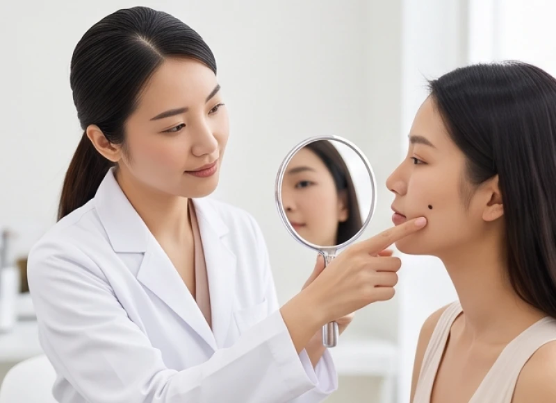 Nốt ruồi ở má: Ý nghĩa phong thủy, độ an toàn và chi phí tẩy 8 Bác sĩ da liễu đang tư vấn và chỉ định các vùng nốt ruồi có thể tẩy bỏ an toàn trên mặt bệnh nhân