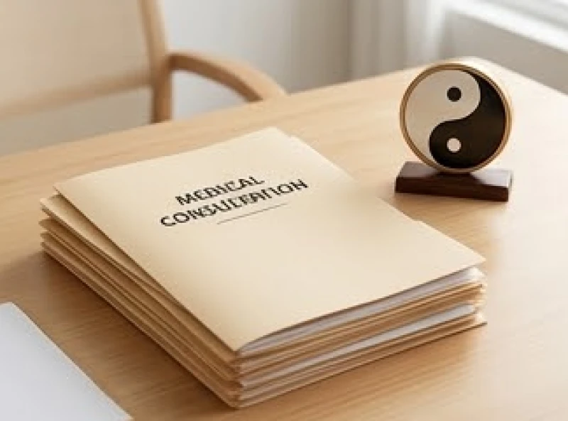 Hồ sơ khám sức khỏe sinh sản được đặt ngăn nắp cạnh mô hình bánh xe âm dương trên bàn làm việc của bác sĩ