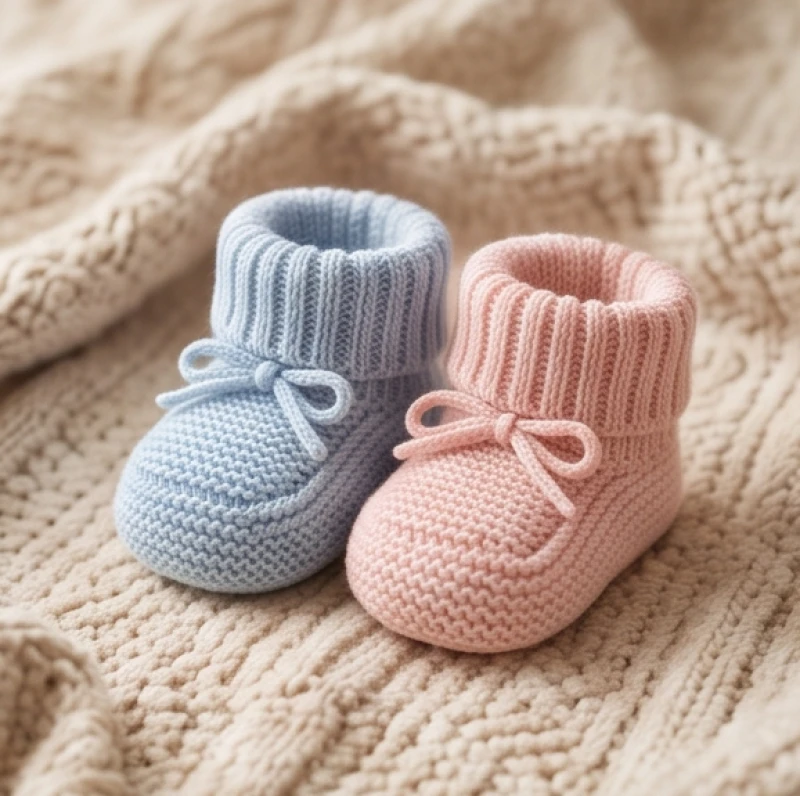 Hai đôi hài trẻ sơ sinh màu xanh và hồng nhạt đặt cạnh nhau, đại diện cho sự phân cực vận mệnh nam nữ