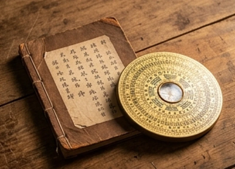 Cuốn sách tử vi và la bàn phong thủy đặt trên bàn gỗ truyền thống