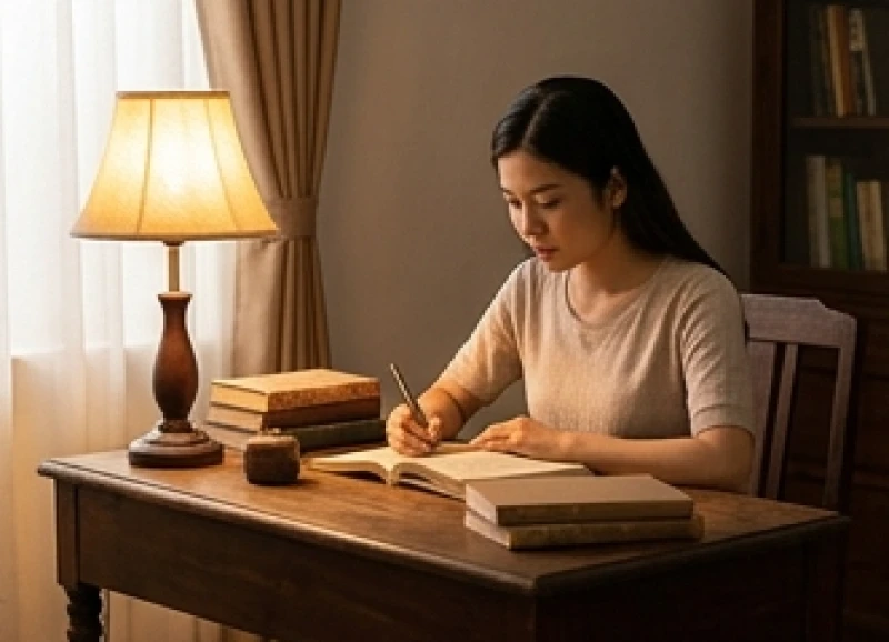 Sinh viên trẻ tập trung học tập dưới ánh đèn vàng hướng tới thành công trong năm Đinh Mùi