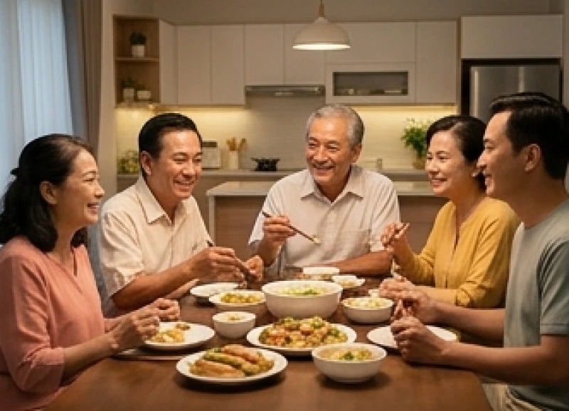 Gia đình ba thế hệ sum vầy bên mâm cơm ấm cúng minh họa cho sự hòa hợp và bình yên trong gia đạo