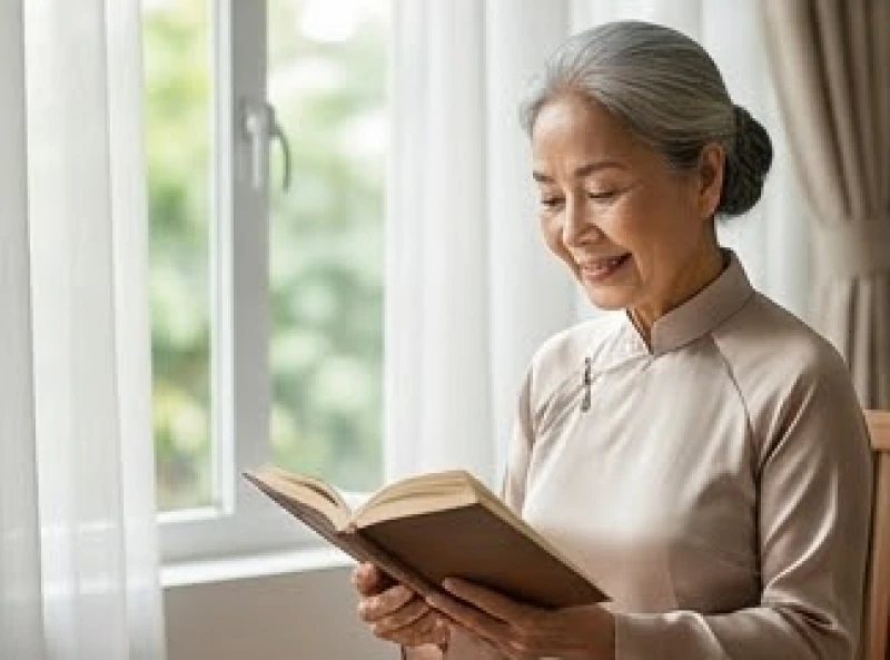 Người phụ nữ cao tuổi Nhâm Thìn đang mỉm cười an nhàn đọc sách thư giãn ban ngày