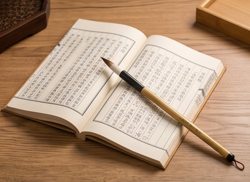 Sổ tử vi phong thủy và bút lông đặt trên bàn gỗ đại diện cho sự tính toán ma trận ngũ hành khi sinh con