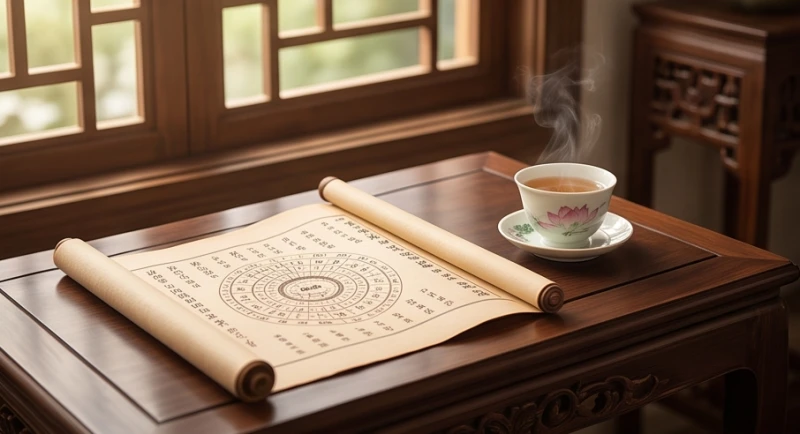 Biểu đồ lá số tử vi và các mốc thời gian cuộc đời được trải rộng trên mặt bàn gỗ cổ kính