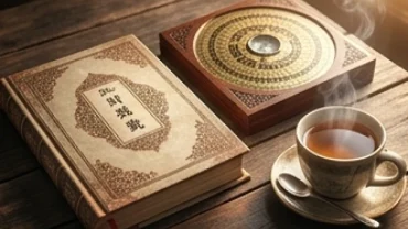 Cuốn sách luận giải tử vi trọn đời tuổi Ất Dậu 1945 nữ mạng đặt cạnh la bàn phong thủy và tách trà