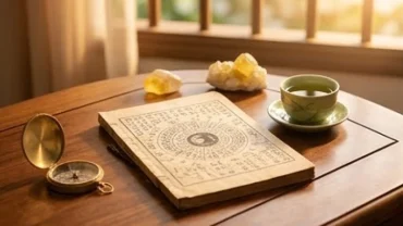 Lá số tử vi trọn đời tuổi ất mùi 1955 nữ mạng được thể hiện qua cuốn sách cổ và các vật phẩm phong thủy cát tường