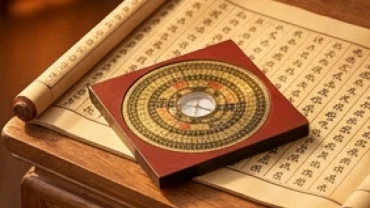 Lá số tử vi trọn đời tuổi bính dần 1986 nam mạng cùng la bàn phong thủy và đồng xu cổ trên bàn gỗ