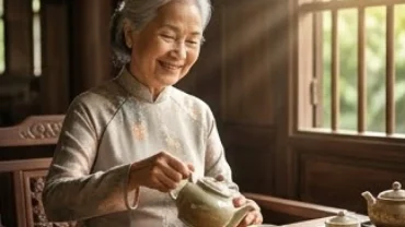 Cụ bà mỉm cười thưởng trà, phản ánh hậu vận bình an trong tử vi trọn đời tuổi bính thân 1956 nữ mạng