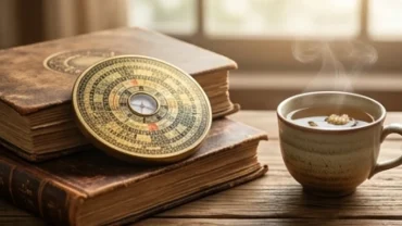 La bàn phong thủy và sách cổ tử vi trọn đời tuổi bính thìn 1976 nam mạng đặt trên mặt bàn gỗ truyền thống