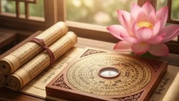 Lá số tử vi trọn đời tuổi bính thìn 1976 nữ mạng với các vật phẩm phong thủy truyền thống trên bàn gỗ