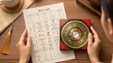 Lá số tử vi trọn đời tuổi canh thìn 2000 nữ mạng cùng các vật phẩm phong thủy cát tường trên bàn gỗ