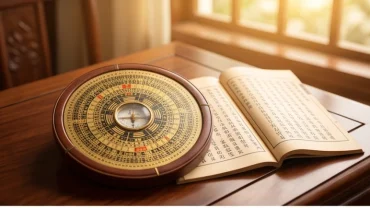 Cuốn sách tử vi và la bàn phong thủy đặt trên bàn gỗ đại diện cho tử vi trọn đời tuổi canh tuất 1970 nữ mạng