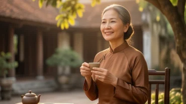 Người phụ nữ đang an nhàn thưởng trà, thể hiện sự bình yên của tử vi trọn đời tuổi canh tý 1960 nữ mạng ở hậu vận