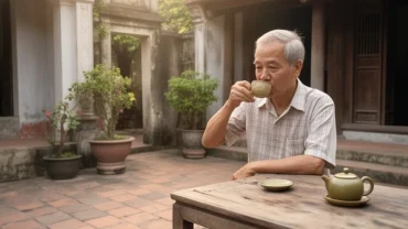 Ông lão tuổi Đinh Hợi 1947 nam mạng đang thư thái thưởng trà, thể hiện cuộc sống hậu vận bình an
