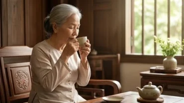 Người bà hiền từ thảnh thơi thưởng trà phản ánh bình an của tử vi trọn đời tuổi đinh hợi 1947 nữ mạng