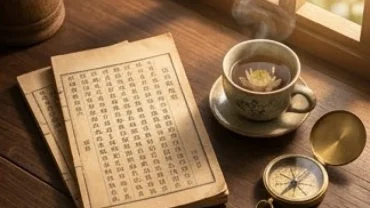 Cuốn sách tử vi trọn đời tuổi đinh mùi 1967 nữ mạng đặt trên bàn gỗ phong cách Á Đông truyền thống