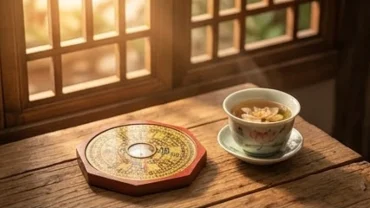 La bàn phong thủy và tách trà sen tượng trưng cho tử vi trọn đời tuổi đinh tỵ 1977 nữ mạng