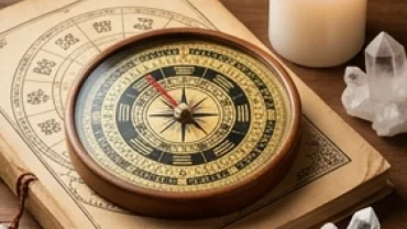 Cuốn sổ tử vi trọn đời tuổi giáp dần 1974 nữ mạng đặt cạnh la bàn phong thủy và nến êm đềm