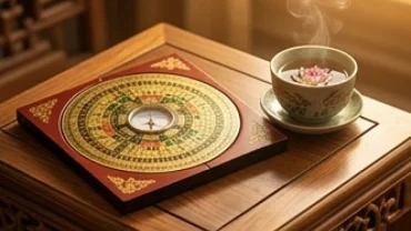 Cuốn cẩm nang tử vi trọn đời tuổi giáp ngọ 1954 nữ mạng đặt cạnh la bàn phong thủy và tách trà sen
