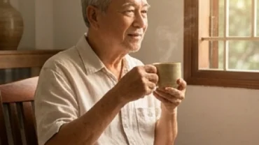 Cụ ông uống trà thong thả, hình ảnh hậu vận bình an khi xem tử vi trọn đời tuổi giáp thân 1944 nam mạng