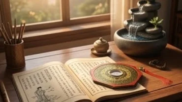 Cuốn sách tử vi trọn đời tuổi giáp thân 2004 nam mạng đặt cạnh la bàn phong thủy truyền thống