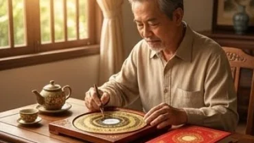 Gia chủ nam mạng sinh năm Giáp Thìn 1964 đang xem la bàn phong thủy và bát tự tử vi trọn đời tại phòng khách