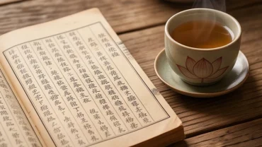 Cuốn sách tử vi trọn đời tuổi giáp tý 1984 nữ mạng đặt cạnh tách trà hoa sen ấm áp