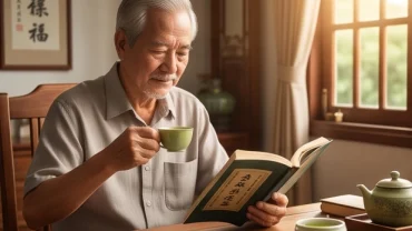 Gia chủ đang nghiền ngẫm cuốn sách tử vi trọn đời tuổi kỷ sửu 1949 nam mạng trong thư phòng tĩnh lặng