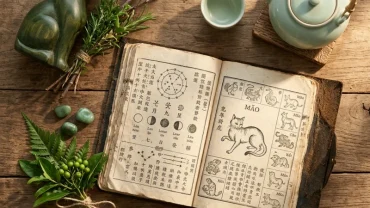 Hình ảnh phong thủy và tử vi trọn đời tuổi mão với cuốn sách cổ trên bàn trà gỗ truyền thống Việt Nam