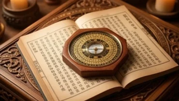 Cuốn sách cổ và la bàn phong thủy bằng gỗ tượng trưng cho lá số tử vi trọn đời tuổi Mậu Ngọ 1978 nữ mạng