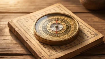 Cuốn sách tử vi và la bàn phong thủy đặt trên bàn gỗ thể hiện tổng quan tử vi trọn đời tuổi mậu thân 1968 nam mạng