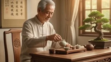 Người đàn ông lớn tuổi tĩnh tâm thưởng trà phản ánh lá số tử vi trọn đời tuổi mậu tuất 1958 nam mạng bình yên