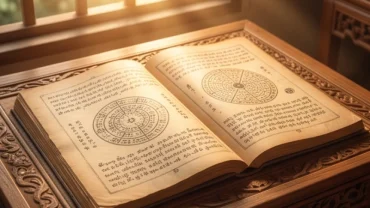 Cuốn sổ tử vi trọn đời tuổi mậu tuất 1958 nữ mạng đặt trên bàn gỗ chạm khắc với ánh sáng ấm áp