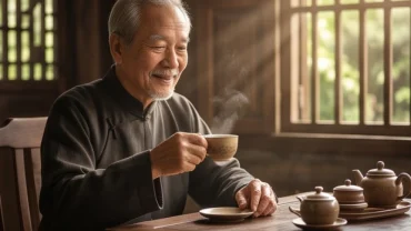 Ông lão phúc hậu thảnh thơi thưởng trà trong không gian nhà gỗ truyền thống mang lại cảm giác bình an của tử vi trọn đời tuổi mậu tý 1948 nam mạng