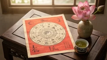 Lá số tử vi trọn đời tuổi mậu tý 1948 nữ mạng được bày trí trang trọng bên cạnh ly trà sen