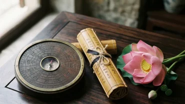 Biểu tượng la bàn phong thủy và cuốn bí kíp tử vi trọn đời tuổi mùi trên mặt bàn gỗ mang đậm văn hóa Việt Nam