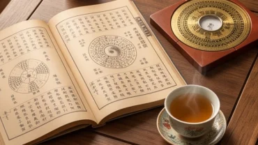 Cuốn sách tử vi trọn đời tuổi nhâm dần 1962 nam mạng đặt trên bàn gỗ truyền thống cùng la bàn phong thủy