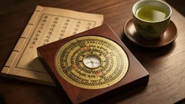 Cuốn sách phong thủy và la bàn xem tử vi trọn đời tuổi nhâm dần 1962 nữ mạng đặt trên bàn gỗ cổ kính