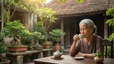 Cụ bà thảnh thơi thưởng trà minh họa cho sự bình yên của tử vi trọn đời tuổi nhâm ngọ 1942 nữ mạng