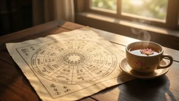 Lá số tử vi trọn đời tuổi nhâm thìn 1952 nam mạng đặt trên bàn gỗ cùng tách trà sen ấm áp