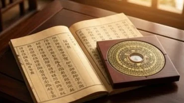Cuốn cẩm nang tử vi trọn đời tuổi Nhâm Tuất 1982 nam mạng đặt cạnh la bàn phong thủy trên bàn gỗ