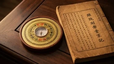 Cuốn sách luận giải tử vi trọn đời tuổi nhâm tý 1972 nam mạng và la bàn phong thủy đặt trên bàn gỗ trầm hương