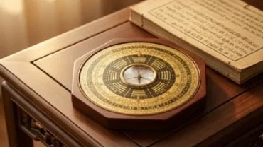 La bàn phong thủy và cuốn sách tử vi trọn đời tuổi quý mão 1963 nam mạng trên bàn gỗ trang trọng