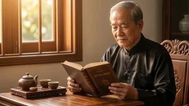 Chuyên gia phong thủy xem tử vi trọn đời tuổi quý mùi 1943 nam mạng cho người cao tuổi bên bàn trà truyền thống