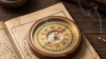 La bàn phong thủy và cuốn sách tử vi trọn đời tuổi quý sửu 1973 nữ mạng đặt trên bàn gỗ