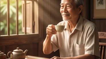 Cụ ông tuổi Quý Tỵ 1953 nam mạng với gương mặt hiền từ đang thong dong thưởng trà bên không gian phong thủy truyền thống